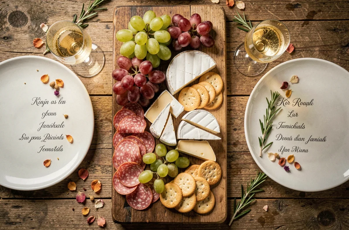Vue aérienne d'un plateau apéritif mariage petit budget avec charcuterie, fromages, kir royal et décorations florales sur table en bois