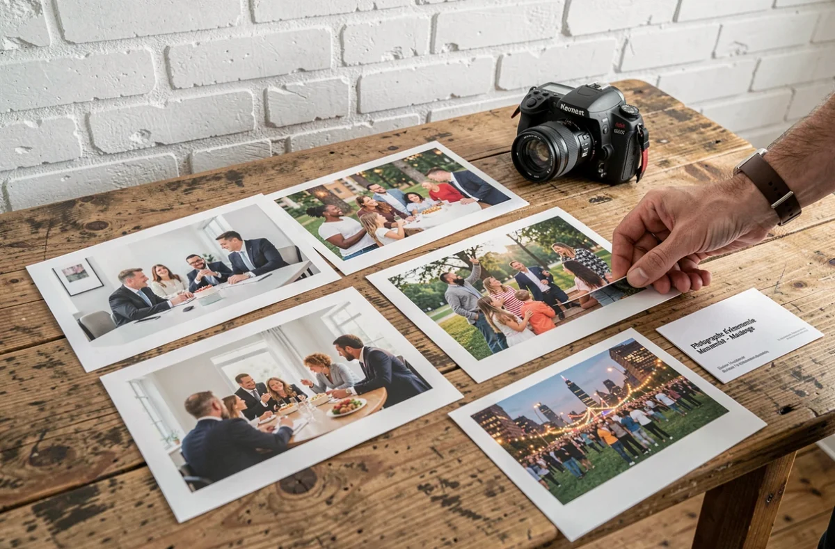 Portfolio de photographies événementielles posé sur un bureau en bois lors d'une consultation avec un photographe à Maubeuge