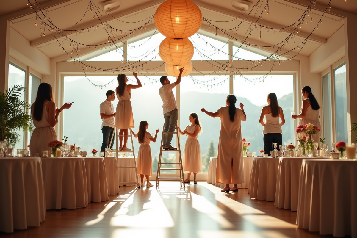 Amis décorant la salle avec guirlandes et lanternes pour mariage