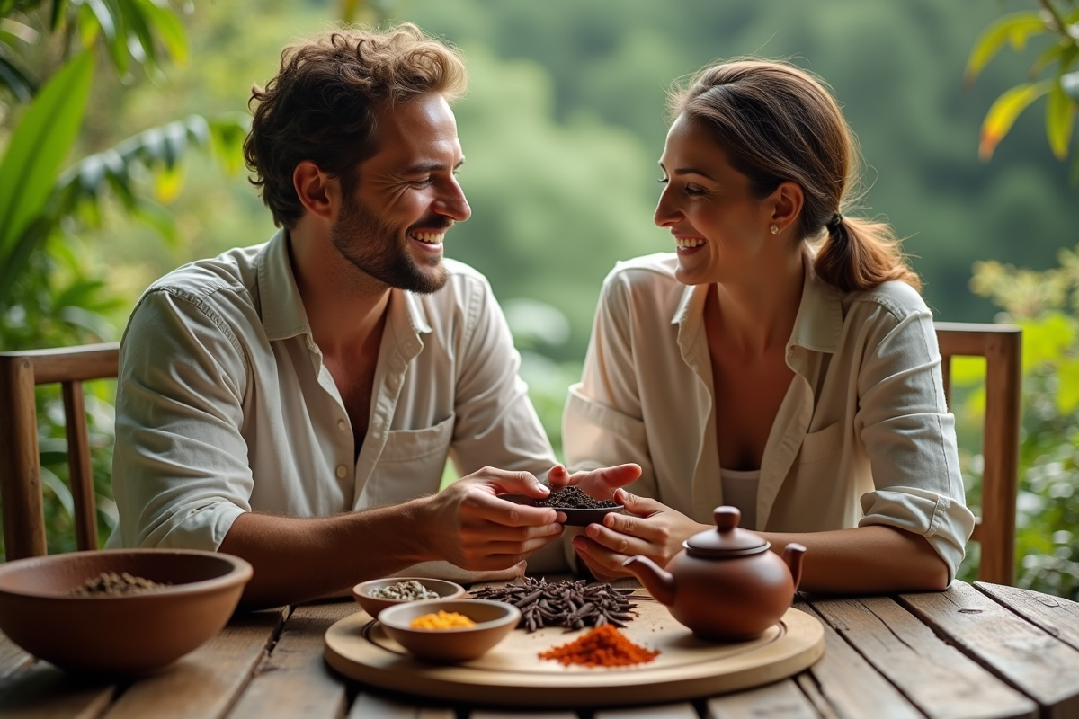 Couple préparant un thé épicé sur une terrasse verdoyante