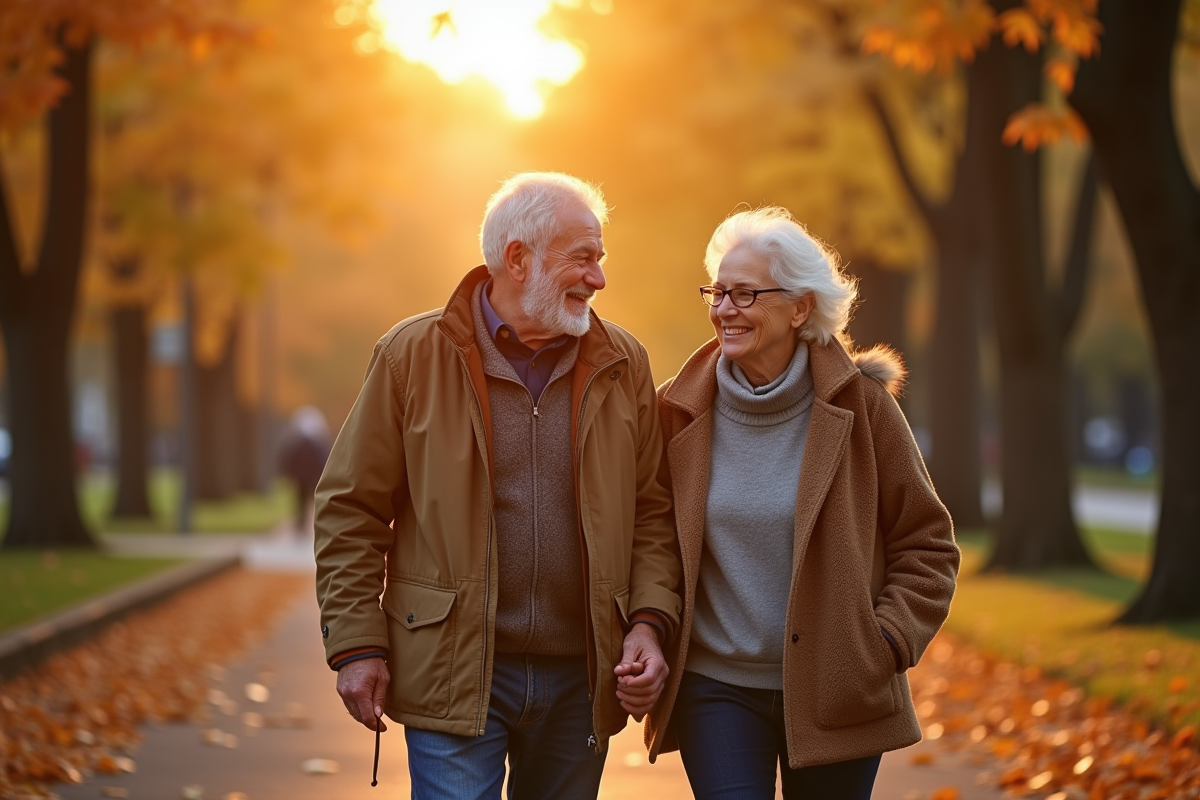 Couple mature marchant dans un parc en automne