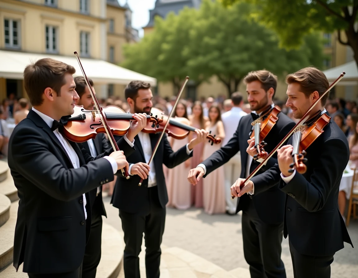 Quatuor à cordes jouant devant la mairie lors d'une sortie de cérémonie de mariage