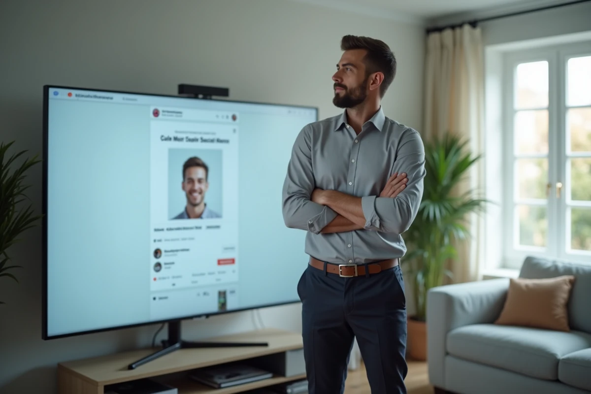 Homme regardant un profil sur un écran d'ordinateur dans un salon moderne, évoquant les recherches des internautes sur la vie privée de Yoann Usai