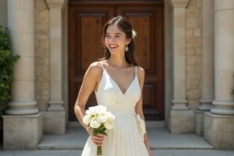Femme portant une robe ivoire à col en V pour un mariage civil devant une mairie française en pierre