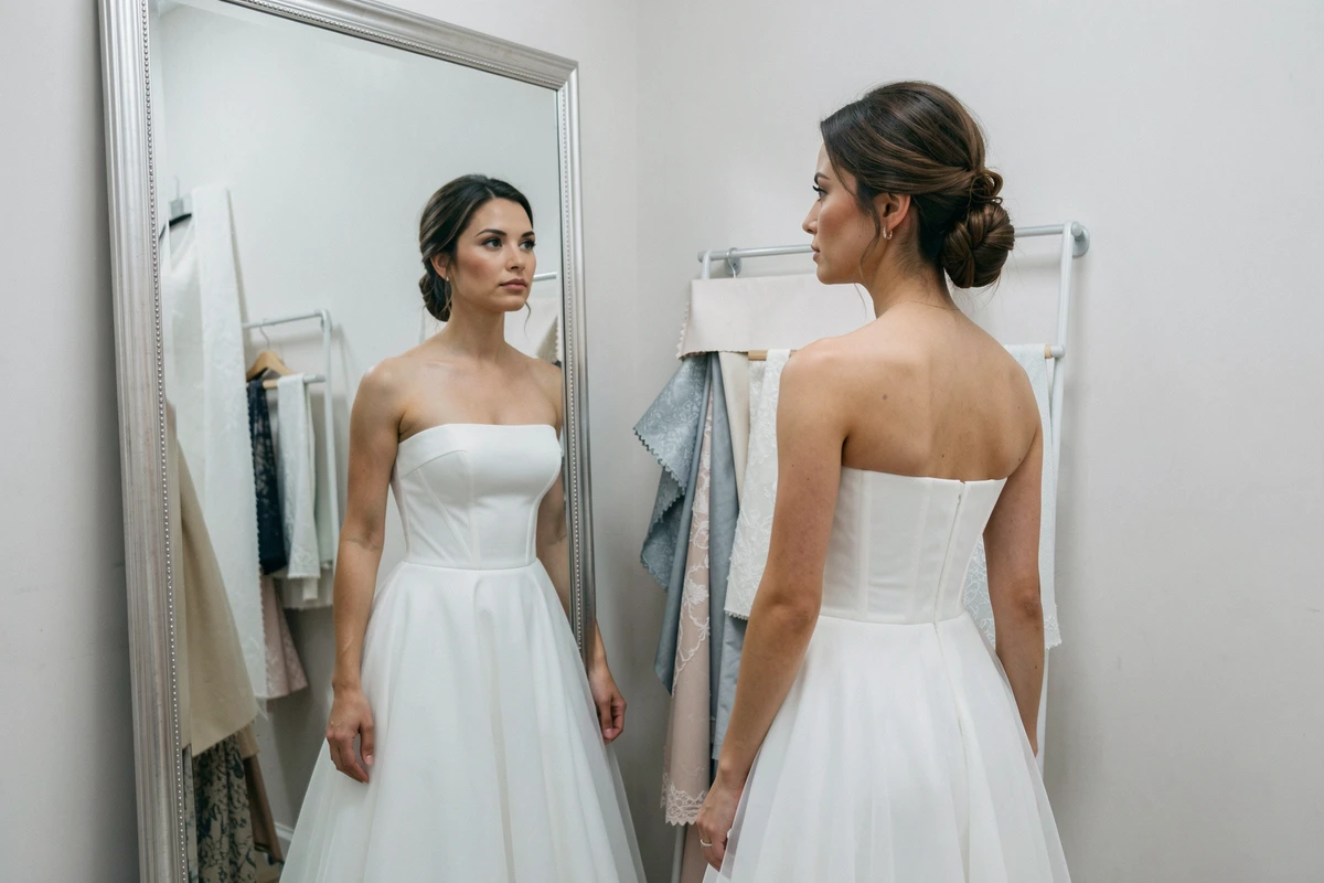 Mariée à petite silhouette en robe bustier décolleté bateau devant un miroir en cabine d'essayage