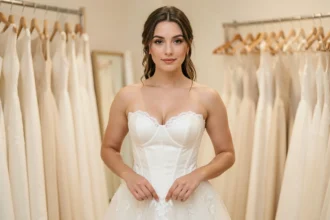 Femme portant une robe bustier de mariée à décolleté en cœur dans une boutique de mariage, vue trois quarts