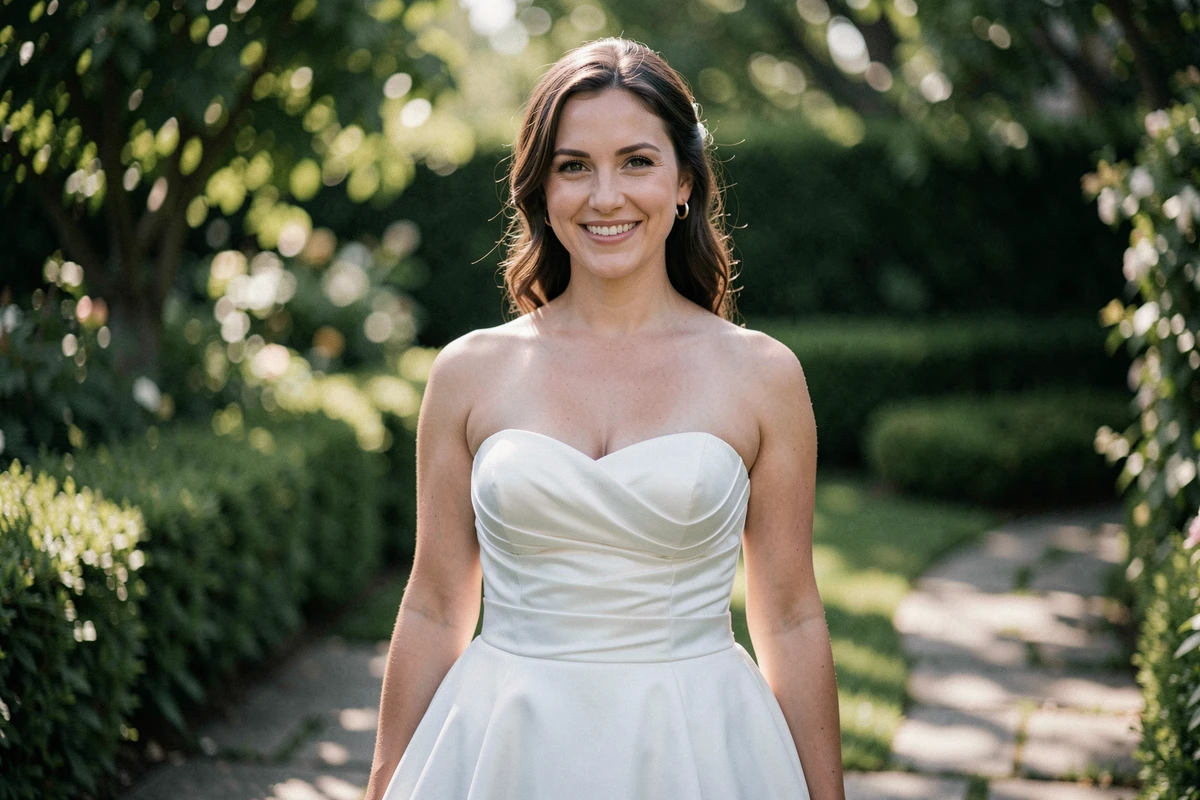 Mariée à forte poitrine en robe bustier droite dans un jardin, décolleté droit adapté au buste généreux