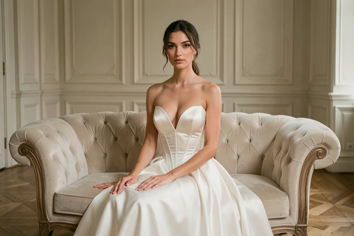 Mariée mince en robe bustier décolleté en V assise sur un canapé dans un intérieur classique