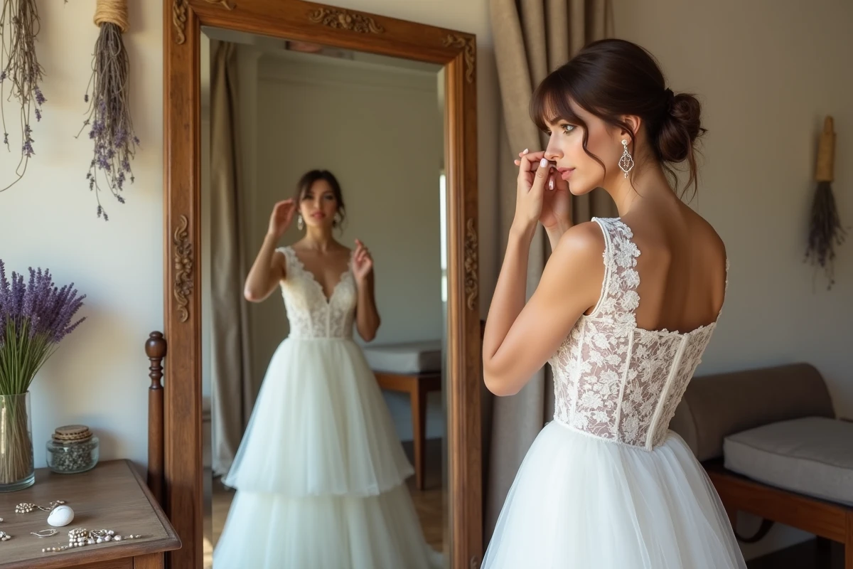 Mariée en robe bohème dentelle devant un miroir antique dans un atelier de couture rustique