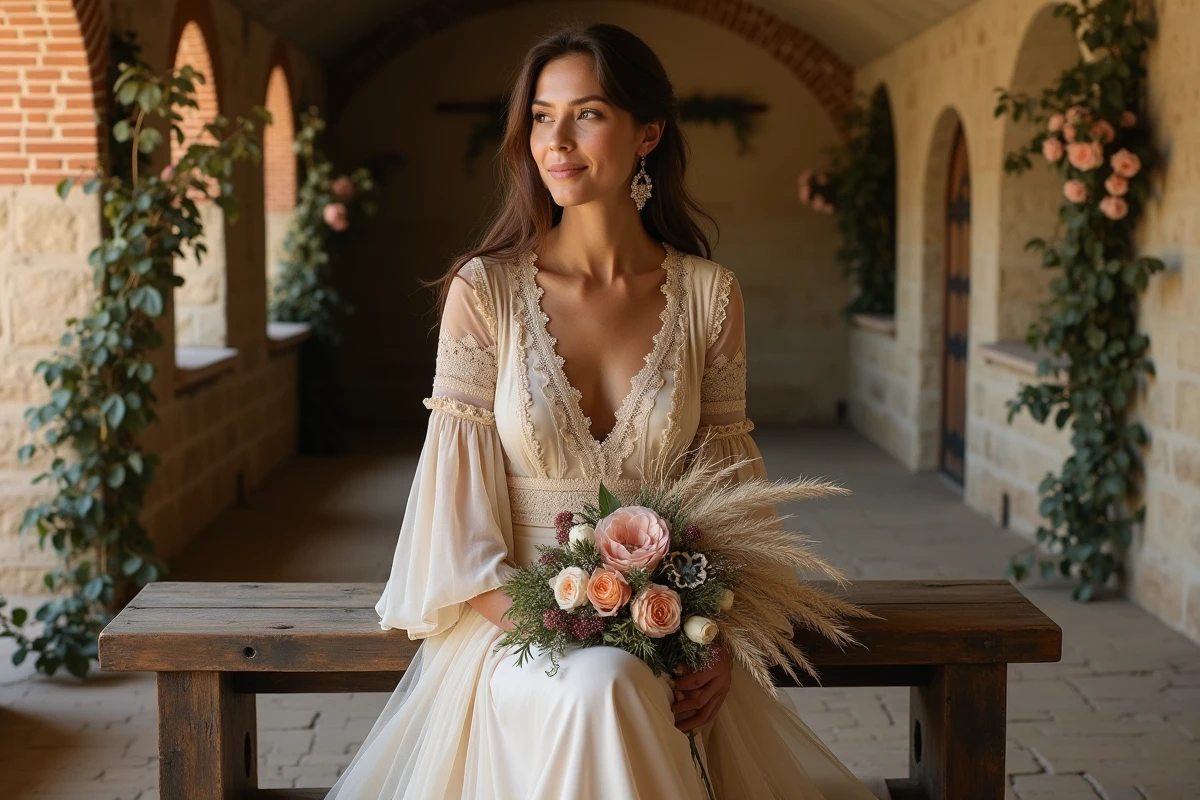 Mariée assise en robe bohème champagne à manches cloches dans une chapelle en pierre rustique