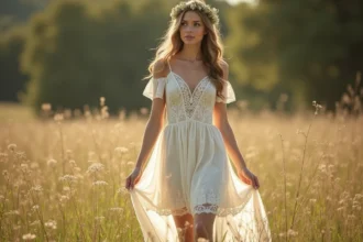 Mariée en robe bohème dentelle ivoire debout dans une prairie sauvage avec couronne de fleurs séchées