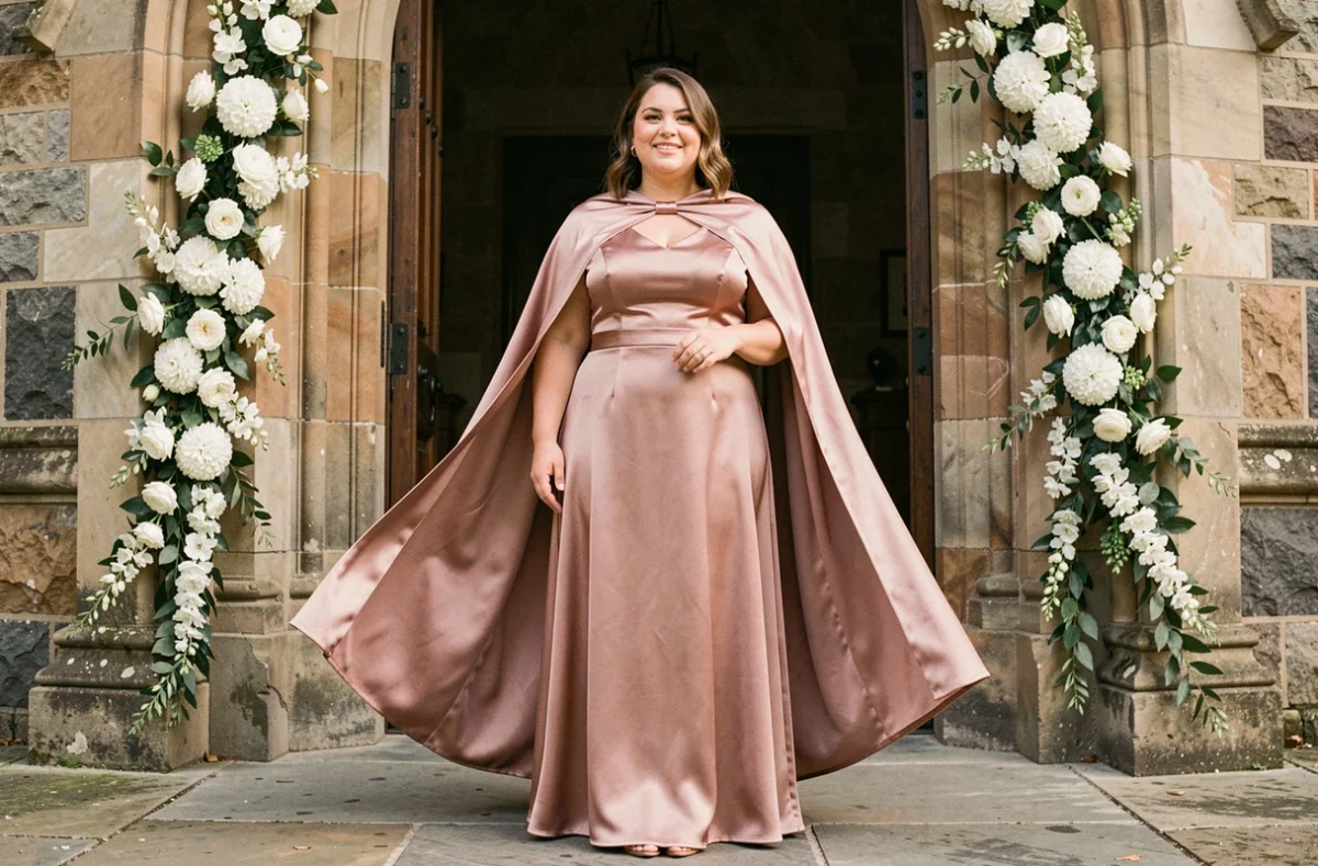 Grande femme en robe satinée rose poudré avec cape élégante devant l'entrée d'une église décorée de fleurs blanches