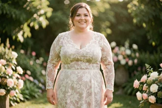 Femme grande taille portant une robe de mariage longue en dentelle avec manches longues dans un jardin fleuri