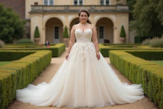 Femme grande taille en robe de mariée princesse avec jupe volumineuse en dentelle dans un jardin de château français