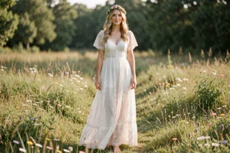Mariée en robe bohème chic à dentelle dans un champ de fleurs sauvages, coiffée d'une couronne florale naturelle