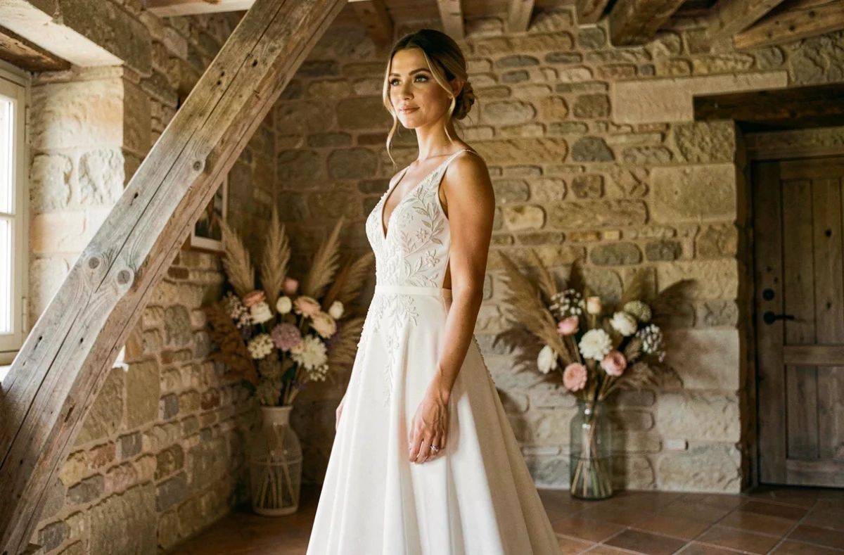 Mariée petite taille en robe bohème brodée à dos ouvert dans une ferme provençale en pierre, style éditorial naturel et élégant