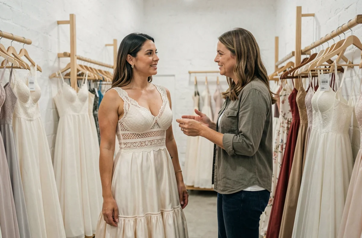 Deux femmes choisissant une robe de mariée bohème pas cher dans une boutique de mariage moderne aux murs blancs