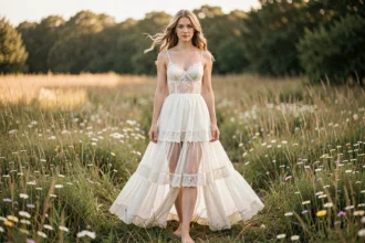Femme petite taille en robe de mariée bohème fluide avec dentelle et jupe en mousseline dans une prairie fleurie, silhouette allongée et élégante