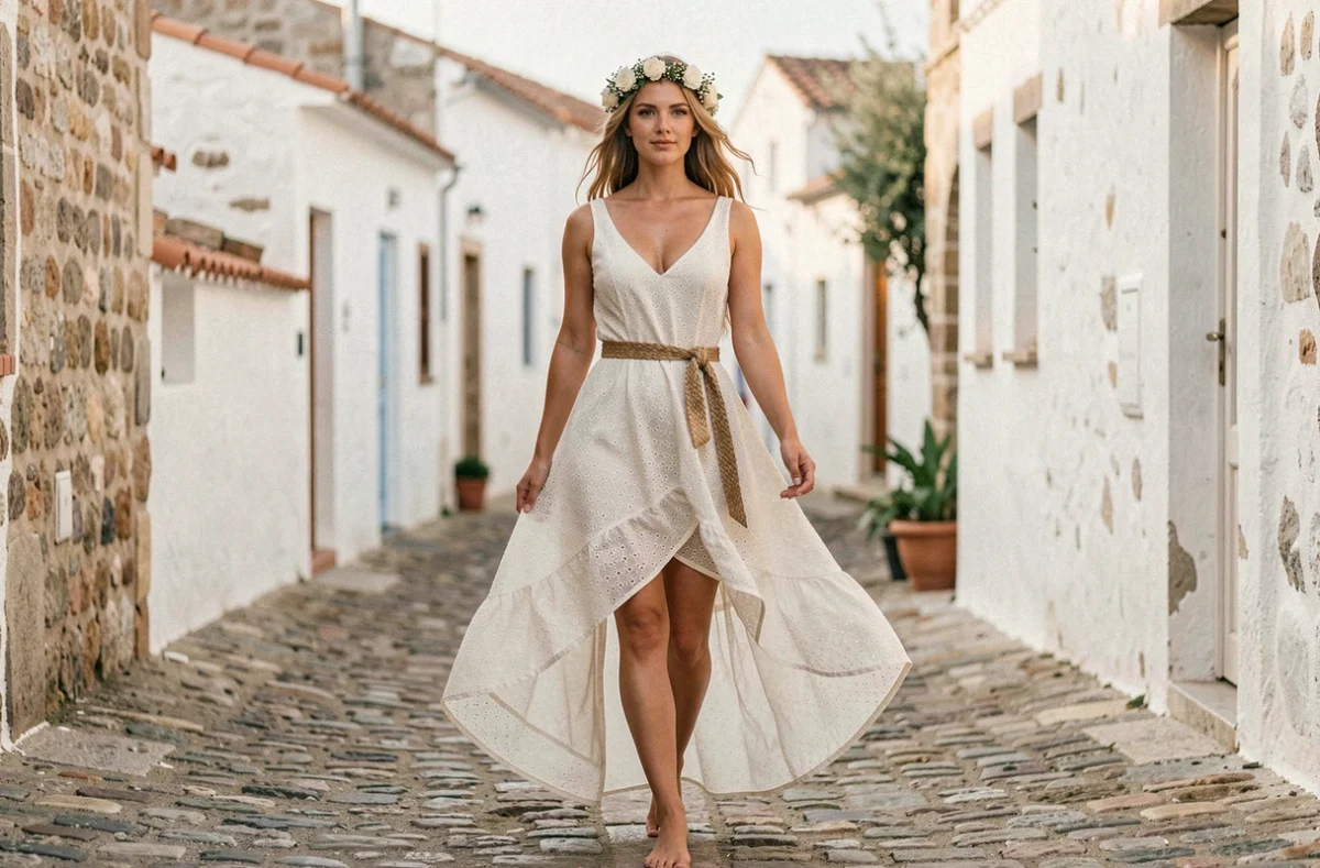 Petite mariée en robe bohème coton brodé et ceinture tissée marchant dans une ruelle méditerranéenne, silhouette allongée et style naturel