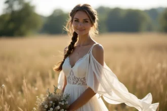 Mariée en robe bohème fluide avec dentelle et manches papillon dans une prairie fleurie