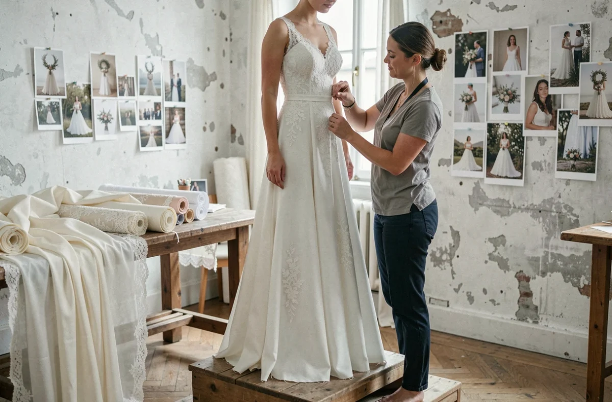 Styliste ajustant une robe de mariée bohème sur mesure dans un atelier de couture parisien avec tissus en dentelle et mousseline