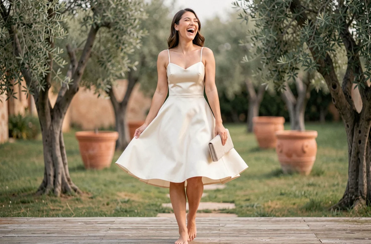 Mariée en robe courte en satin blanc cassé avec bretelles spaghetti, riant sur une terrasse en bois entourée d'un jardin méditerranéen