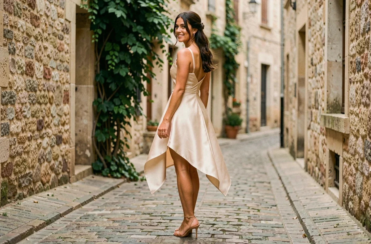 Mariée en robe courte champagne asymétrique marchant dans une ruelle pavée d'un village du Sud de la France, regard par-dessus l'épaule