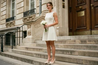 Femme en robe de mariée civile courte et simple en crêpe ivoire devant un hôtel de ville parisien, bouquet de renoncules blanches à la main