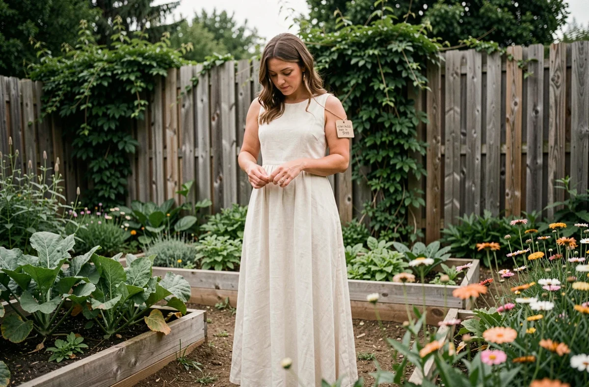 Femme portant une robe de mariée en lin éco-responsable dans un jardin communautaire avec étiquette de prix visible