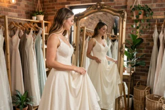 Jeune mariée essayant une robe de mariée d'occasion dans une boutique vintage éco-responsable avec miroir ancien et plantes vertes