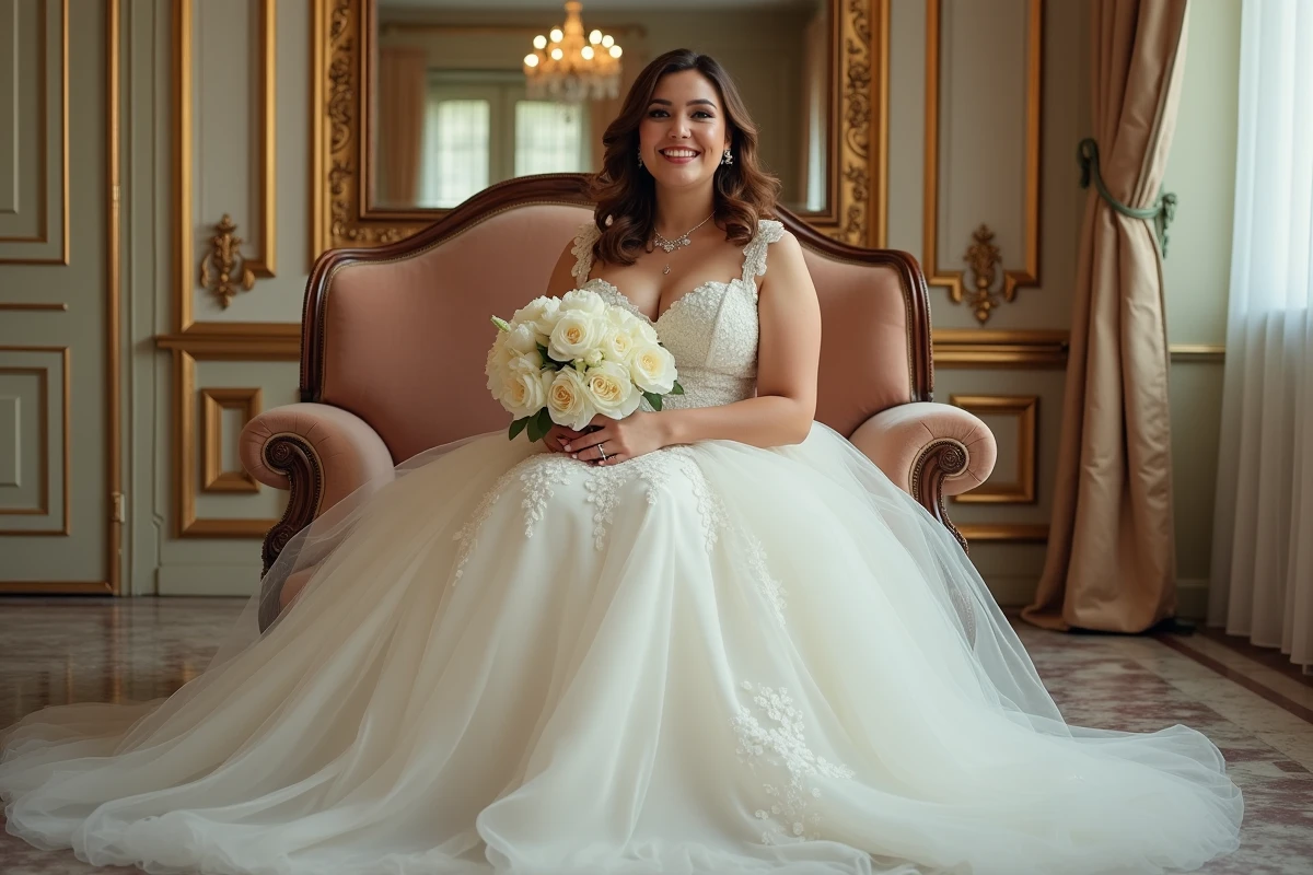 Mariée grande taille en robe princesse ivoire assise sur un canapé vintage dans une salle de bal ornée