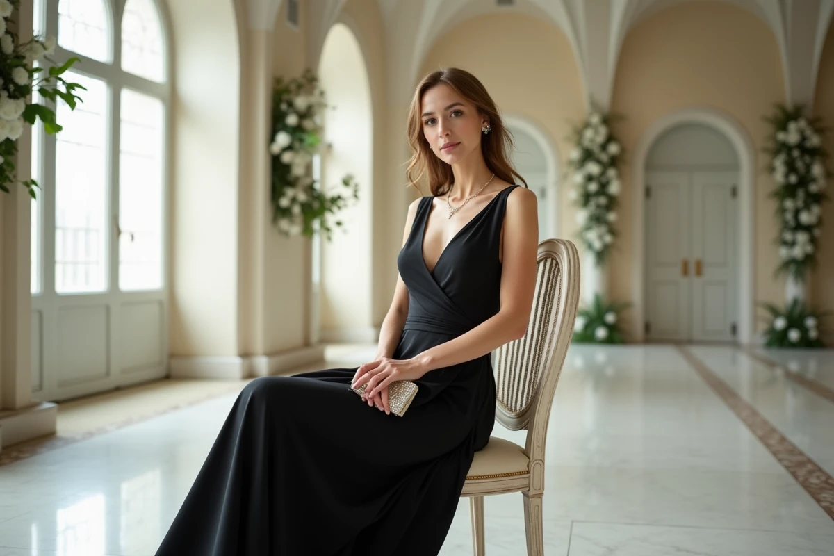 Invitée en longue robe noire assise dans une salle de cérémonie de mariage élégante avec fenêtres en arche et décoration florale blanche