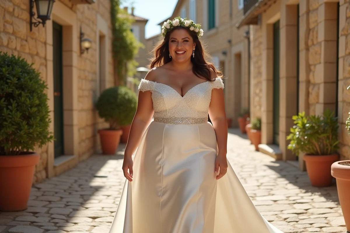 Femme grande taille en robe de mariée princesse en satin marchant dans une ruelle en pierre de village provençal
