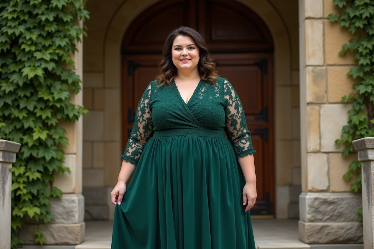Grande taille en robe verte dentelle devant entrée château mariage élégant