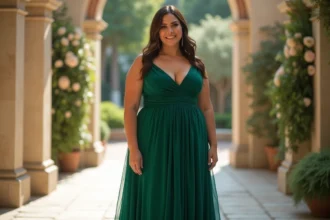 Femme ronde en robe verte longue élégante dans un jardin de mariage fleuri