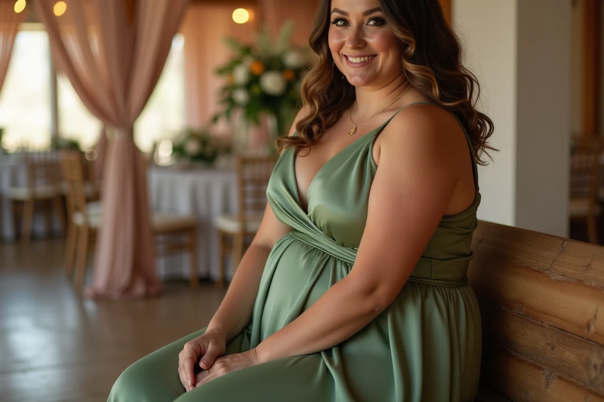 Femme grande taille en robe verte satinée assise dans une salle de réception de mariage