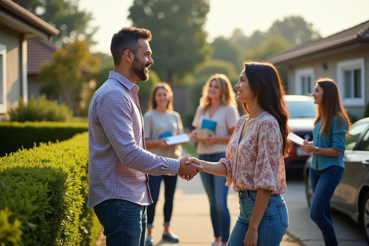 Homme et femme se saluant dans un jardin devant une maison