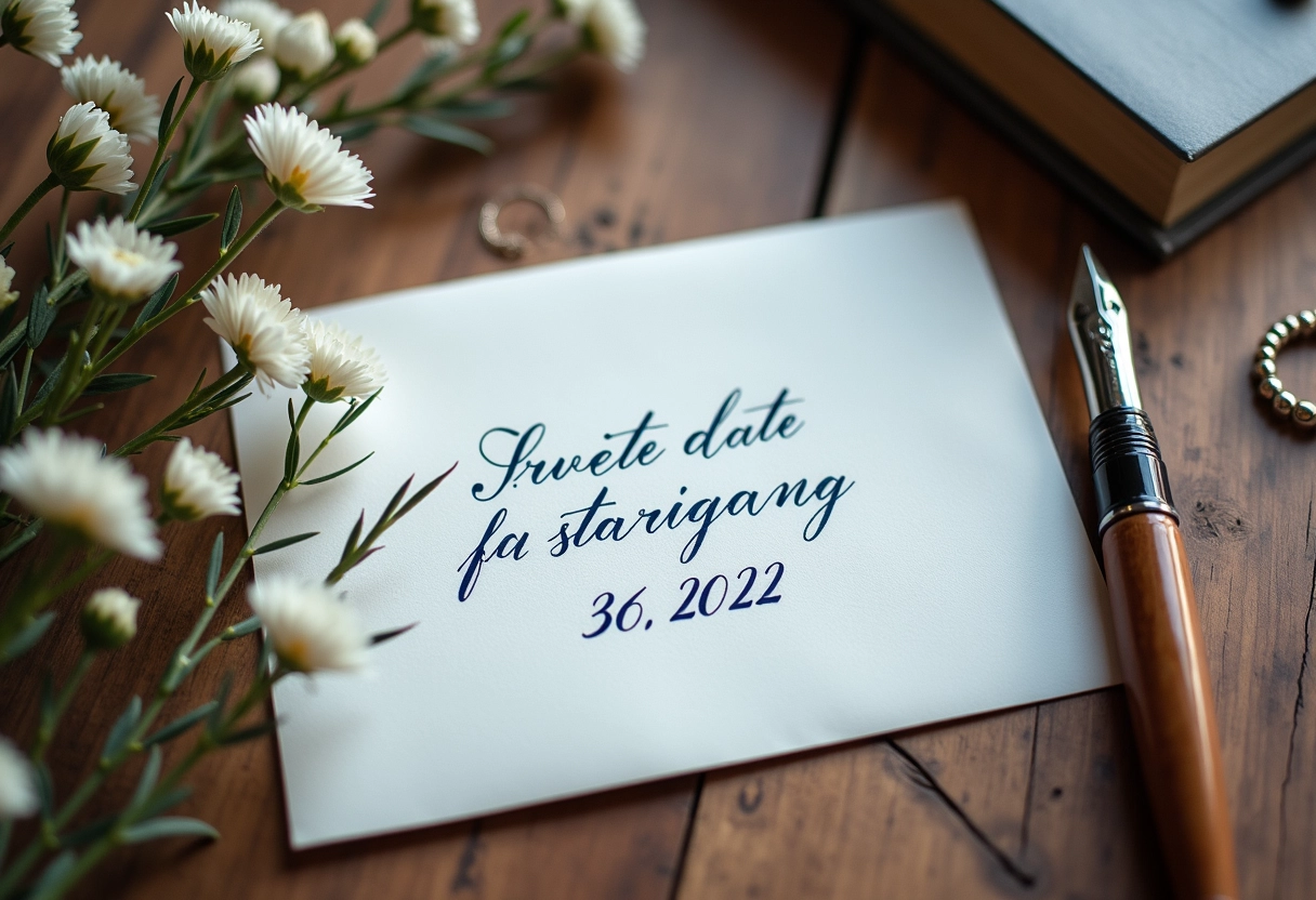 Plan de la carte save the date avec stylo et fleurs
