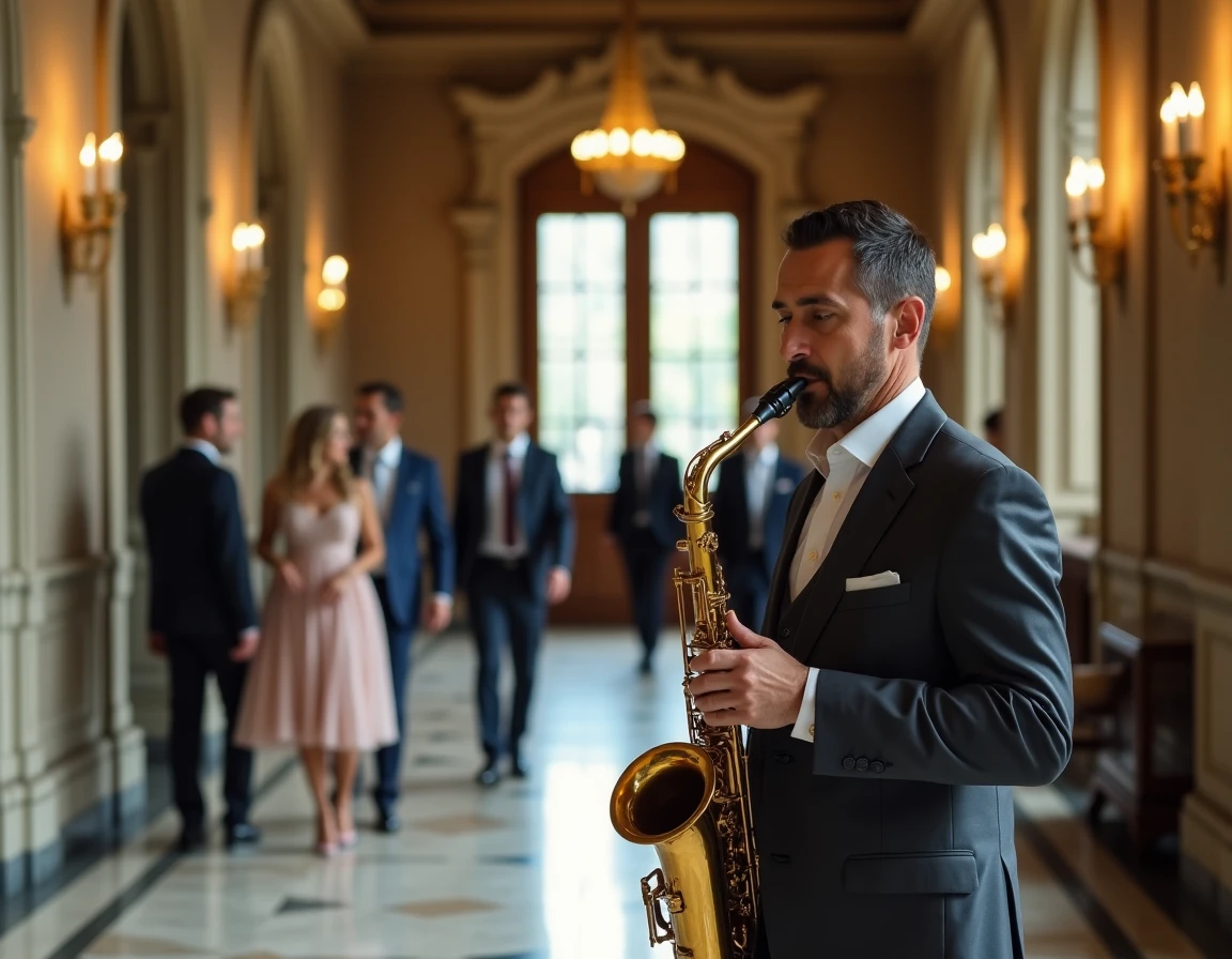 Saxophoniste jouant dans le couloir d'une mairie pendant la sortie des mariés et des invités