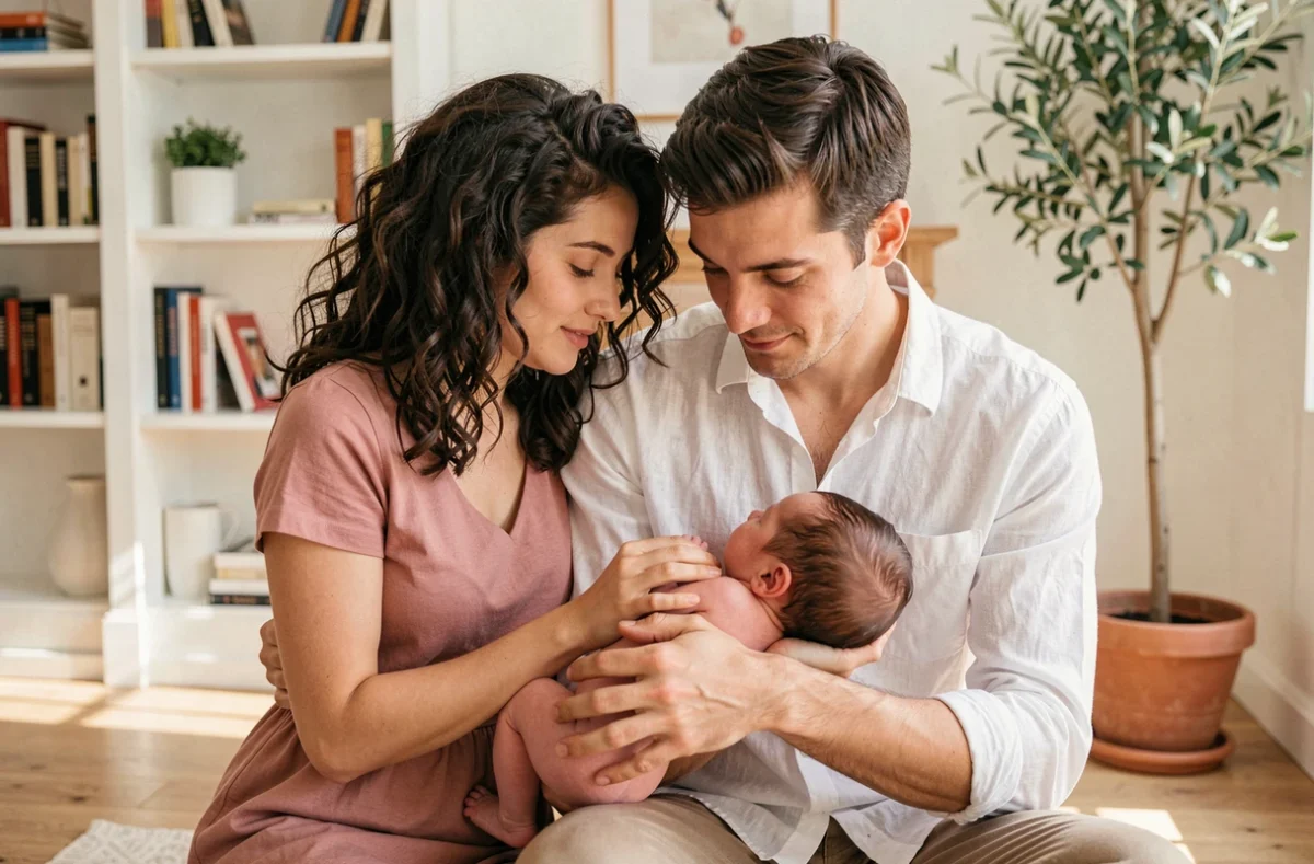 Séance photo naissance à domicile avec les parents et leur nouveau-né à Marseille