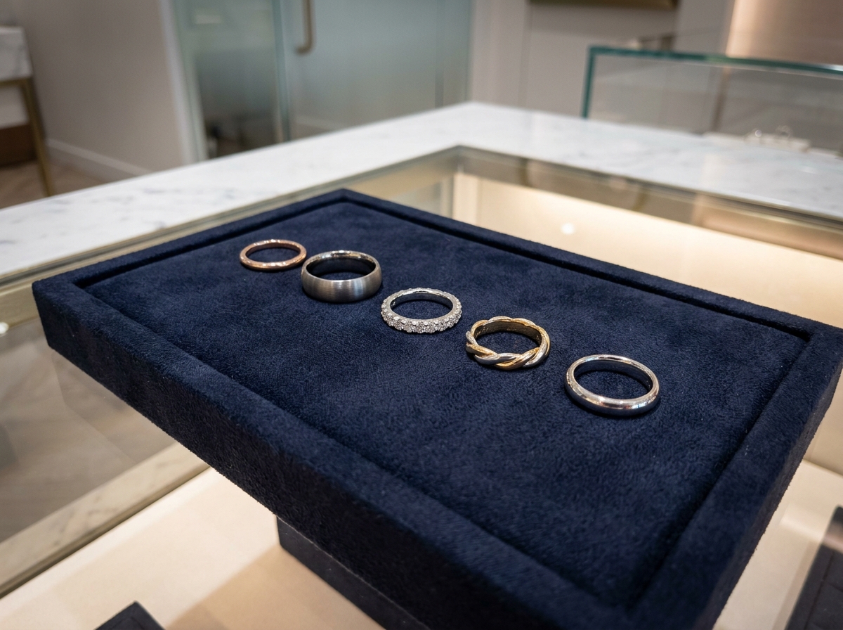 Sélection d'alliances de mariage variées présentées sur un coussin en velours marine dans une bijouterie, photo pour illustrer les différents styles d'alliances disponibles