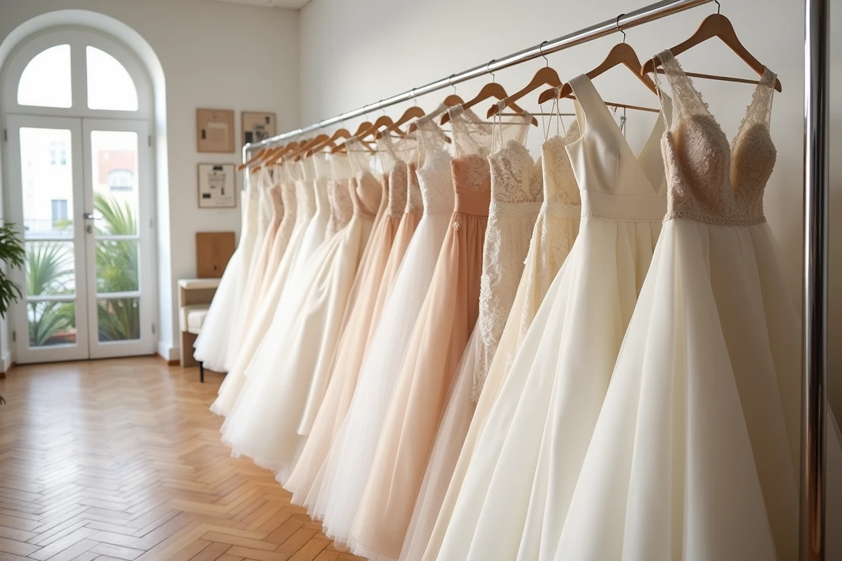 Sélection de robes de mariée aux styles variés suspendues sur un portant dans un atelier nuptial lumineux