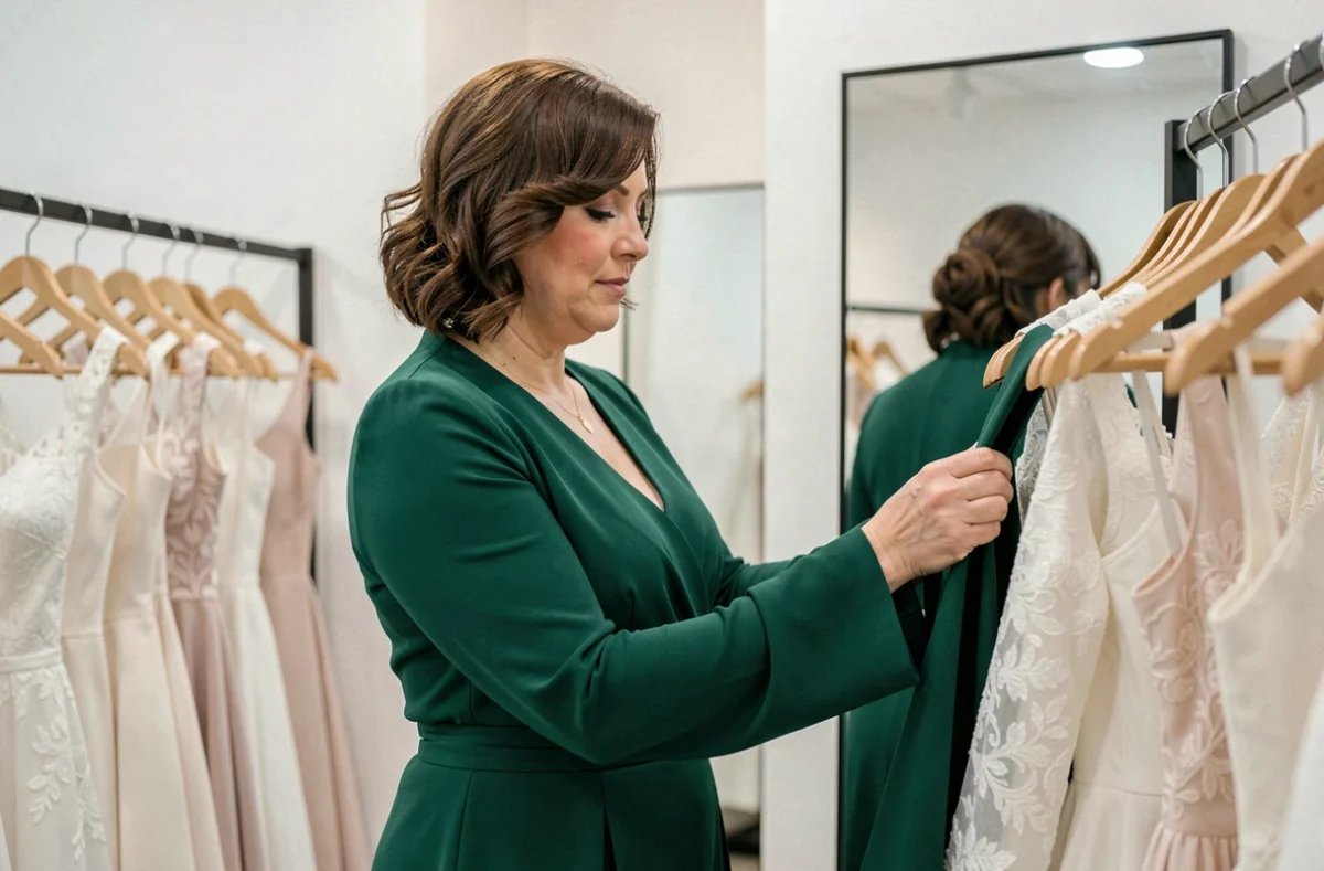 Femme grande taille essayant des robes à manches longues dans une boutique de mariage moderne