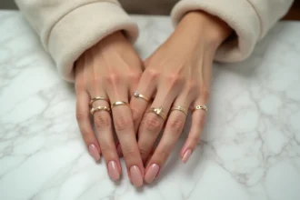 Femme portant des bagues en or sur différents doigts posées sur du marbre blanc, symboles et signification des bagues
