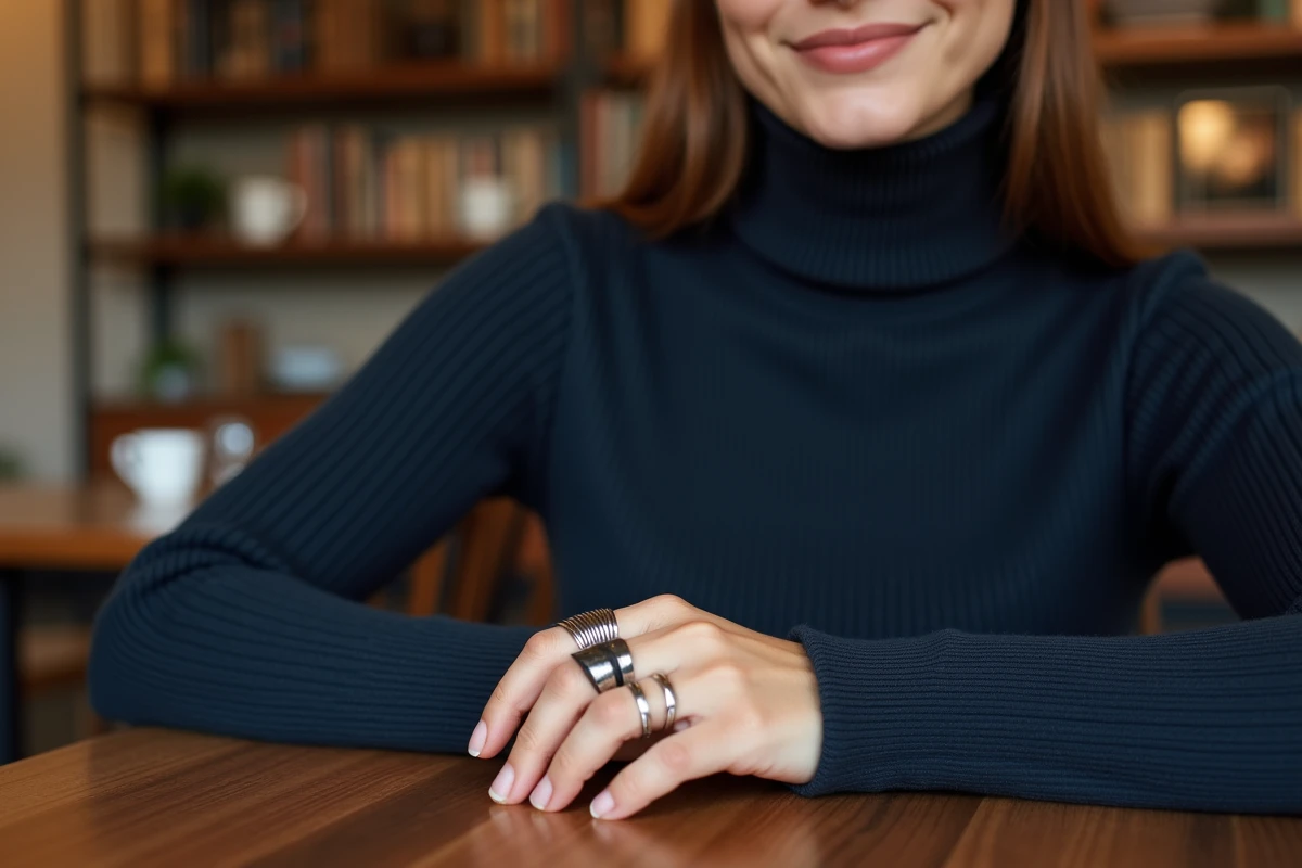 Femme portant une bague en argent au majeur et une bague au pouce dans un café, symbolisme des doigts et bijoux