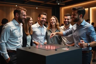 Groupe de collègues en soirée d'entreprise autour d'une borne Shootnbox, ambiance conviviale et esprit d'équipe