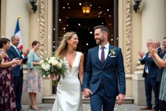 Couple de mariés sortant de la mairie sous une pluie de confettis, invités applaudissant sur le parvis