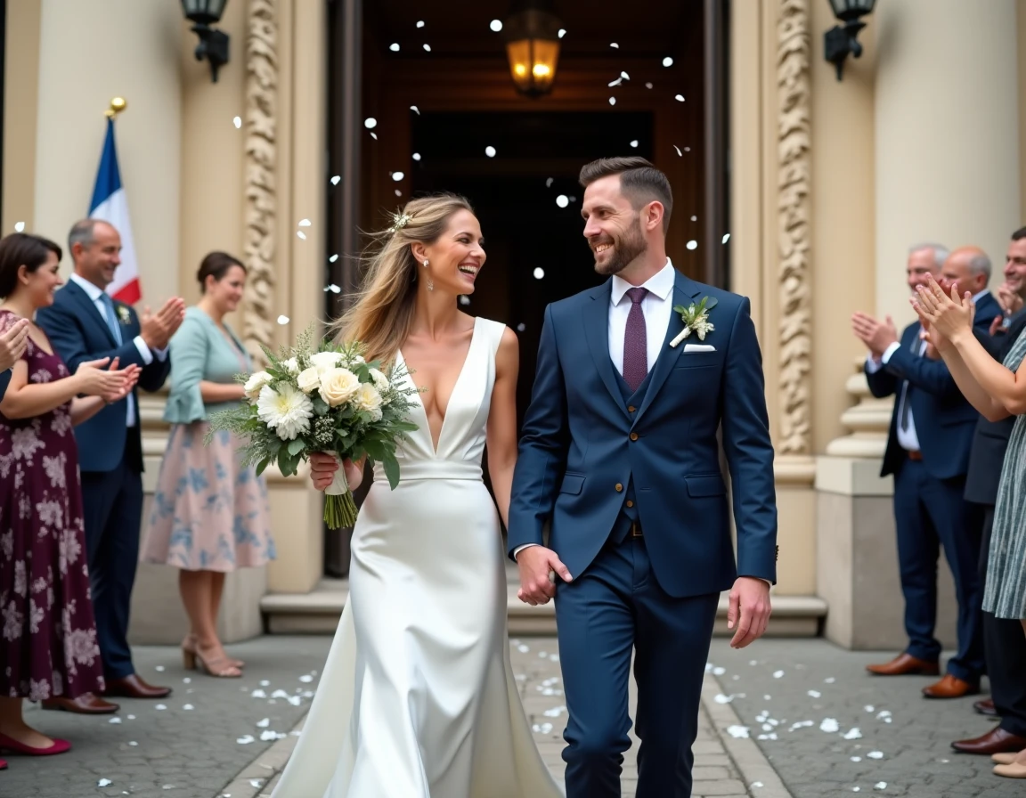 Couple de mariés sortant de la mairie sous une pluie de confettis, invités applaudissant sur le parvis