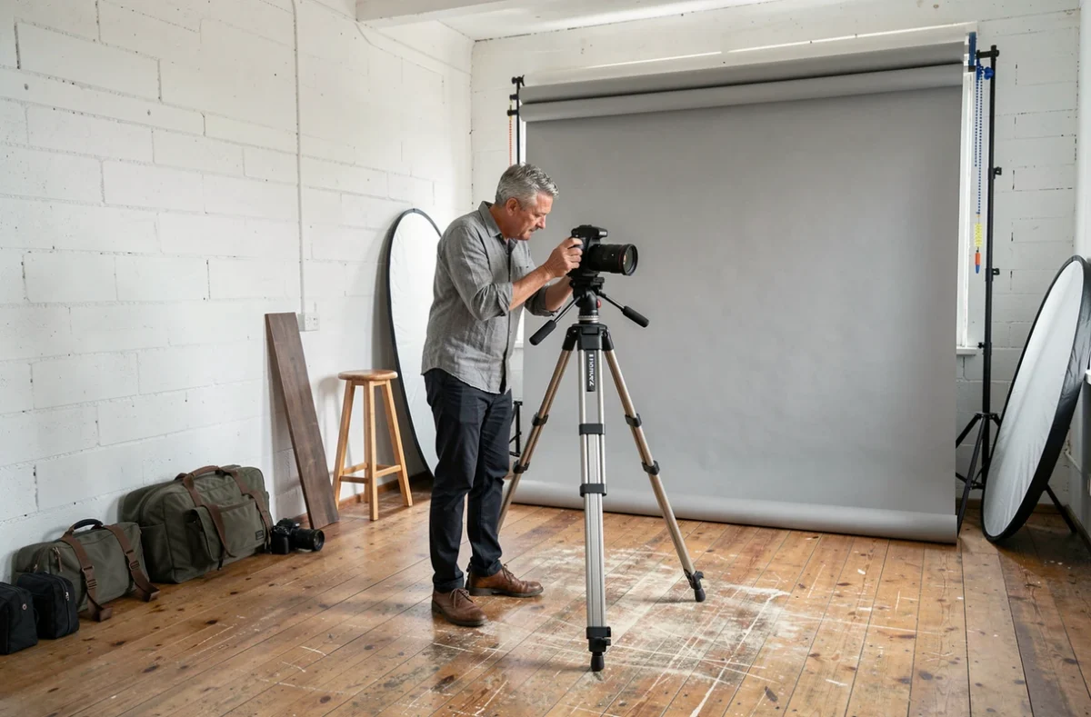 Photographe de studio installant son matériel dans un espace professionnel à Gap