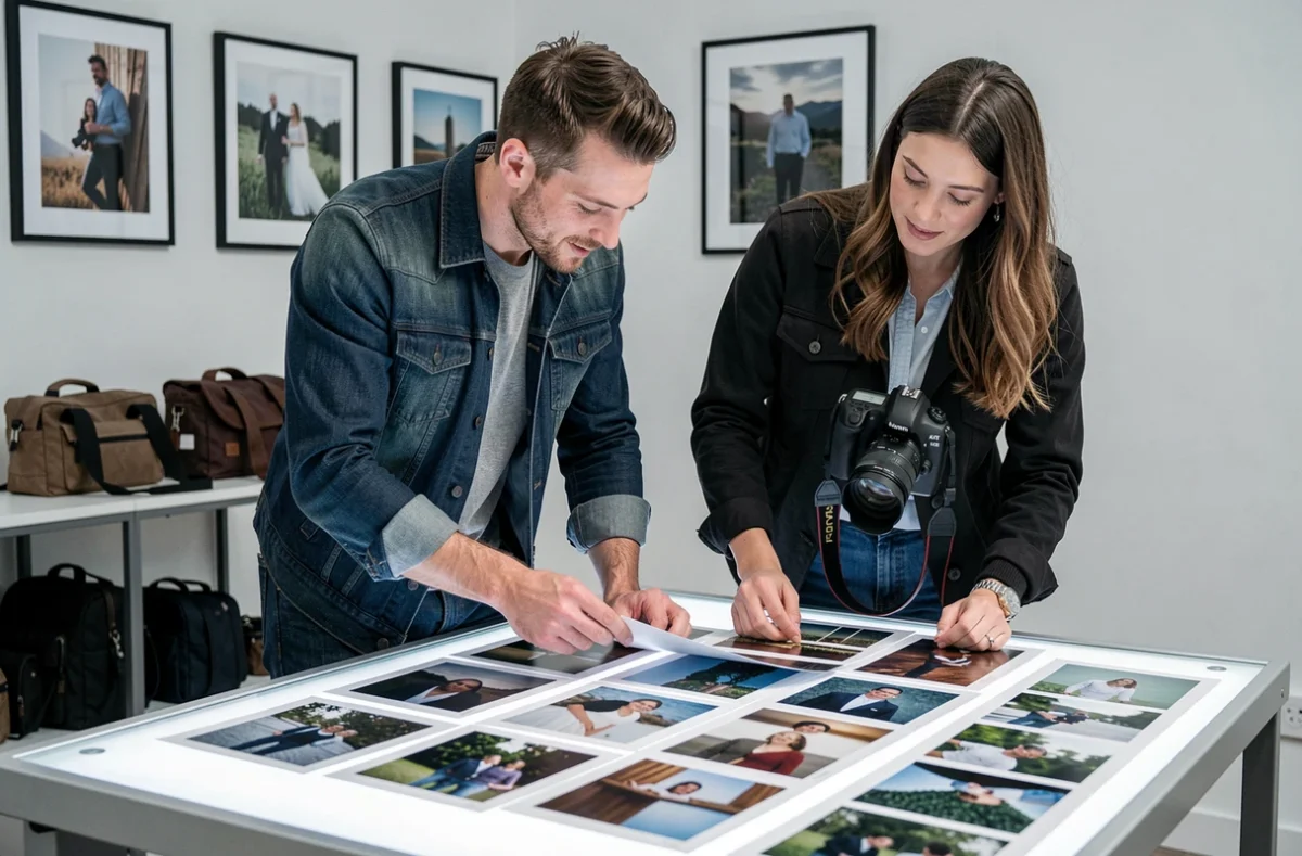 Deux photographes professionnels collaborant dans un studio photo local à Plan-de-Campagne en révisant des épreuves